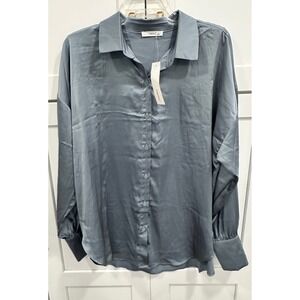 TIMING Women's L Blue Silky Button Down Long Sleeve Shirt Top